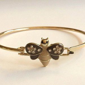 Bumble Bee Bangle Bracelet 8" Crystal Beige Enamel Gold Plated Charm